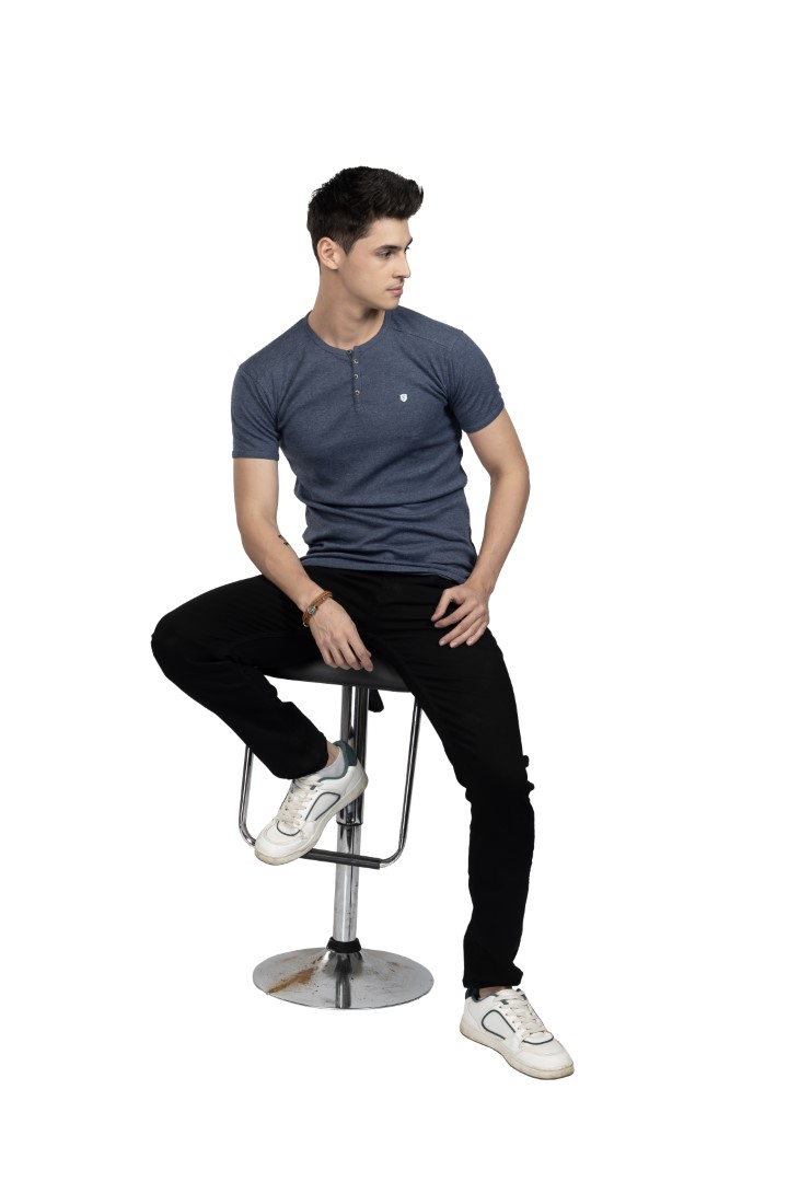 Grey Round Neck Button T-Shirt For Men