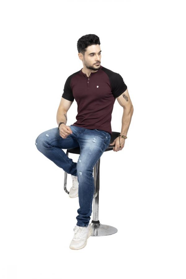 Wine & Black Round Neck Button T-Shirt For Men