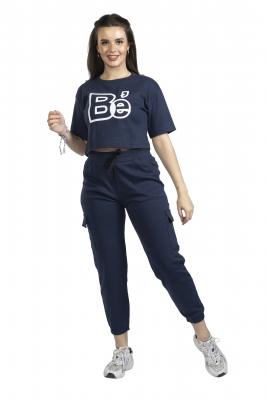 Navy Blue Short Sleeves & Long Tracksuit Co-Ord Set For Women