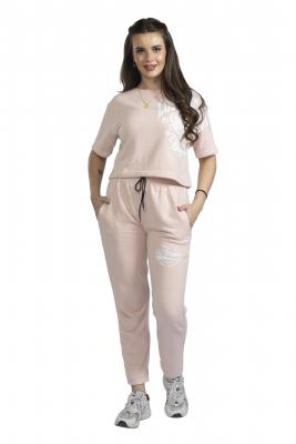 Light Pink Short Sleeves & Long Tracksuit Co-Ord Set For Women