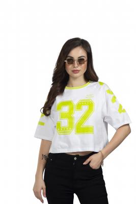 White & Green Half Sleeves Crop T-Shirt For Women